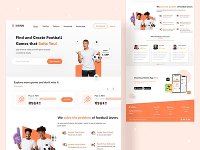 Immin Landing Page - Football Match Finder App design football football app landing page product design ui design ux ux design ux designs web design web designer webdesign website website concept