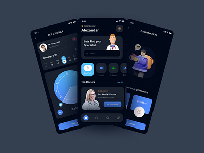 Medical Mobile App Dark app black clean clinic dark design doctor doctor appointment health hospital ito ito digital agency medical app medical industry medicine minimal minimalist mobile patient app ux