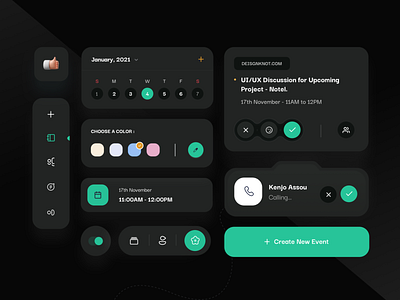 Calendar App Components Dark Mode 3d 3d animation app branding calendar app calling cards color components dark mode design green icons ios landing page minimal project card ui ux web