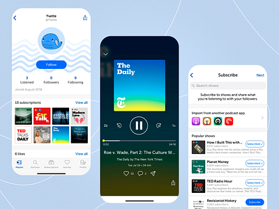 Yvette - Music App audio clean layout content easy navigation entertainment app light color listening media minimalist mobile app modern ui music app playlist podcast shows sleek design streaming ui design ux design uxui