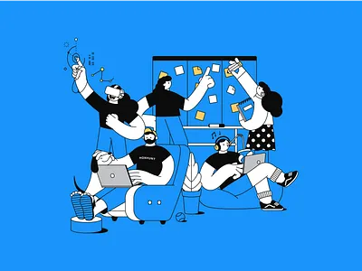 Tech Team character illustration office dog outline teamwork tech team vr whiteboard