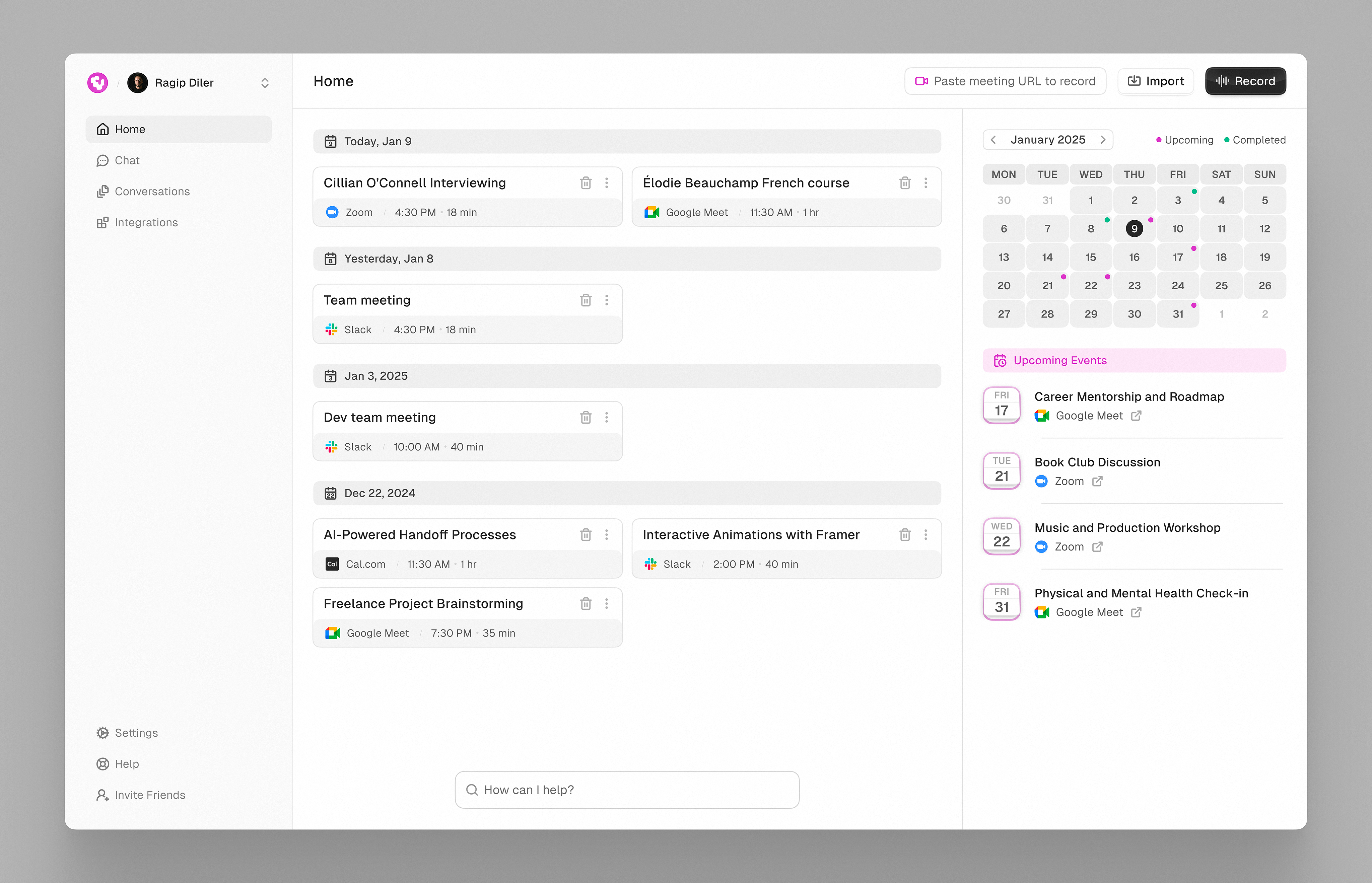 AI note-taker - Web App Design ai ai note taker calendar calendar app calendar design dashboard dashboard ui note note app product design product ui saas