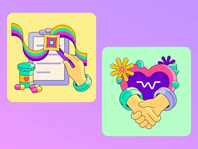 Pivot Rx Illustrations brand illustrations bright colors colorful document flowers hands handshake heart icons illustration list magic magic wand medicine meeting pharmacy rainbow tablets vector illustration web illustration