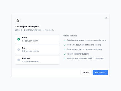 Workspace Plans 🔄 buttons card cards design dialog minimal modal plans popup pricing saas ui web design