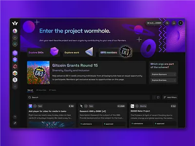 Gitcoin GR15 DEI Initiative in Wonderverse achievement badge bounty create task dao daos dark mode dei diversity equity explore gitcoin gr15 inclusion modal product design task task management ui web3 wonderverse