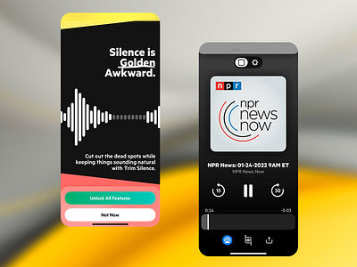 Silence Trimming App app design audio app audio editing contrasting color palette dark themed interface design mobile app pauses podcast editing podcast production silence silence removal silence trimming sound production speech editing tranquality ui user interface ux design voice recording