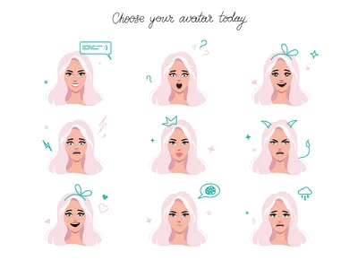 Vector sticker pack with different emotions avatar avatars character characters different emotions girl icon icons illustration pack package pink poker face set sticker stickers template vector woman