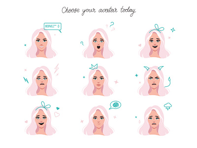 Vector sticker pack with different emotions avatar avatars character characters different emotions girl icon icons illustration pack package pink poker face set sticker stickers template vector woman