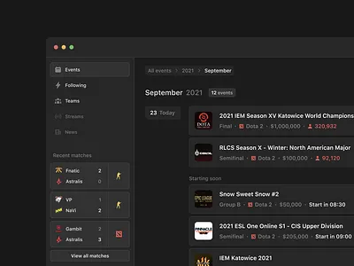 Esport Calendar - Tournaments, Teams, News, Streams app concept app ui application calendar csgo cup dashboad dota e sport e sports esport events game gameshow list list view score tournament tournaments