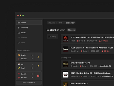 Esport Calendar - Tournaments, Teams, News, Streams app concept app ui application calendar csgo cup dashboad dota e sport e sports esport events game gameshow list list view score tournament tournaments