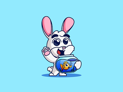 Rabbit and fish 🐰 🐟 adorable branding cartoon catoon character cute design fish flat design graphic design illustration kawaii logo mascot playful rabbit simple smiling vector