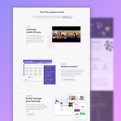 DesignerUp Bootcamp Landing Page benefits bootcamp course features landing page purple shapes students typography