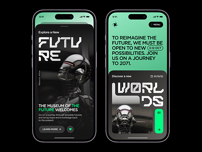 Museum Of The Future (App concept) application ui artworks booking collections concept dark digital event festival future gallery interface iphone 14 mobile app museum ticket app ui user experinence ux virtual reality