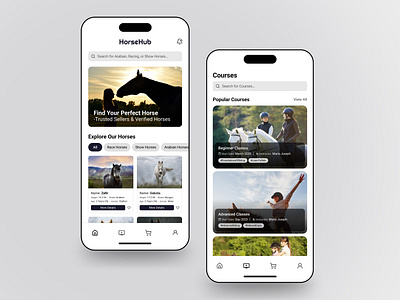 🐎 HorseHub - Mobile App UI Design app app design app ui buy horse clean ui design ecommerce equestrian app find a horse horse horse app horse riding horse shop horse training minimal ui riding sell horse ui user interface ux