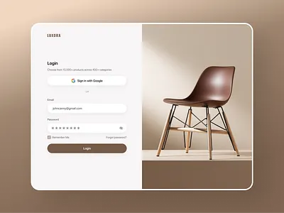 SaaS product login page brown carousal chair ecommerce email fashion forgotpassword google gradiant gray landingpage lighting lighttheme login saas shadow shoping signup ui web design