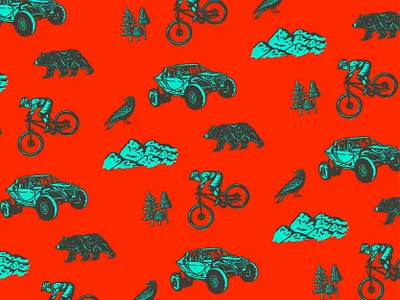 UTV & Bike Park Pattern Design bear bike brand design brand identity branding branding design color crow forest hand drawn logo logo design mountain outdoor pattern pattern design utv vehicle vintage visual identity