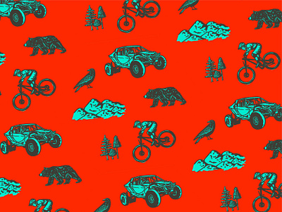 UTV & Bike Park Pattern Design bear bike brand design brand identity branding branding design color crow forest hand drawn logo logo design mountain outdoor pattern pattern design utv vehicle vintage visual identity