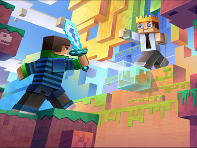 Minecraft Illustration art artwork clutching creative cube design designing with illustration digital art digital artist drawing fight scene graphic design hero page illustration illustration illustrator minecraft minecraft art minecraft illustration pixel sword