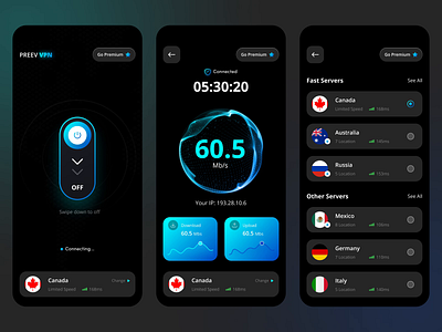 VPN 🛡️ Mobile App📱 UI/UX Design connection dark data design internet location mobile modern network privacy proxy safe security server shield speed user interface vpn vpn app