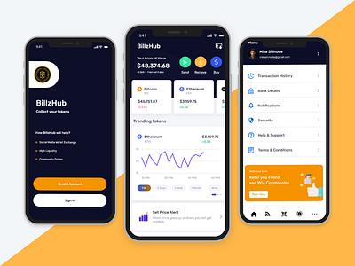 BillzHub - Crypto Mobile App Design banking bitcoin blockchain branding crypto cryptocurrency currency ethereum experience design illustration interface design investment ios mobile ui design wallet