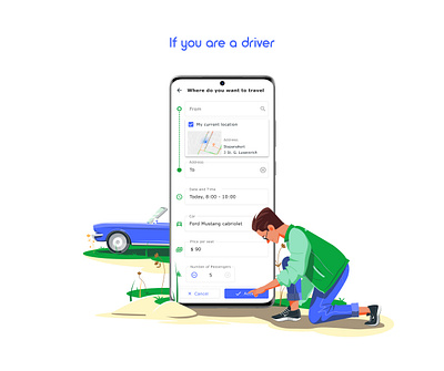 Driver (Breengy app) app blue boy car cart driver illustartion jeans mobile mustang nature road trip