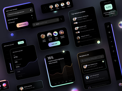 Dark UI elements blur branding charts colorful components dark dark theme dark ui dashboard ui design system finance fintech gradients investments money profile social social media ui elements wallet