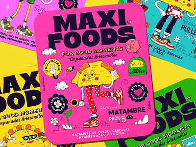 Maxi Foods Label Design brand branding character design ecuador empanada flower graphic design illustration label logo packaging sun type vector