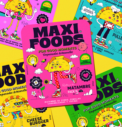 Maxi Foods Label Design brand branding character design ecuador empanada flower graphic design illustration label logo packaging sun type vector