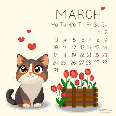 Calendar on march calendar cat design flowers frellance graphic graphic design illustration illustrator love march spring vector