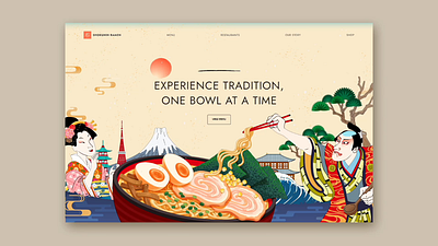 Ramen Website: Experience Tradition, One Bowl at a Time artisticwebsite branding creativedesign culturaldesign dribbbleshowcase foodwebsite illustration japaneseart japanesecuisine landingpage ramenlovers responsivedesign restaurantwebsite ui uiux ukiyoe ux webdesign websitedesign