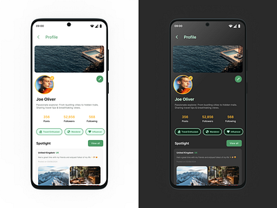 Traveler's Social Profile ✈️ android app design daily ui dark mode design dribbble figma ios material ui minimal product design travel ui ui user profile ux