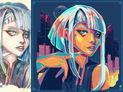 Lucy from Edgerunners [watercolor sketch & pixel art] 16bit 8bit aseprite beauty character design cyberpunk cyberpunk edgerunners cyberpunk2077 edgerunners game dev lady lucy nft art nighcity pixel art pixelart pixels sketch sprite watercolor