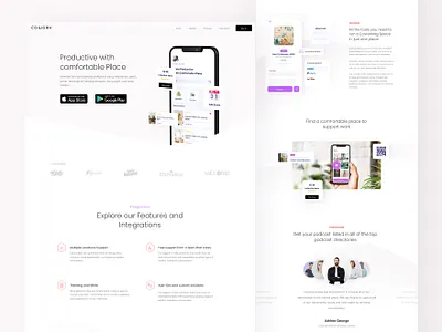Coworking Application Landing Page app app landing page application application landing page application ui faetures handphone header headphone landing page mobile phone section smartphone testimonial uiux website design