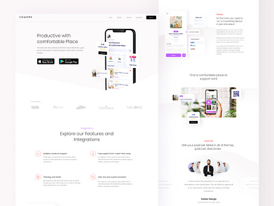 Coworking Application Landing Page app app landing page application application landing page application ui faetures handphone header headphone landing page mobile phone section smartphone testimonial uiux website design