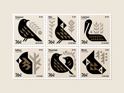 Stamps 16-21 beige bird birds black gold icon illustration logo minimal nature neutral postage stamp collection stamps state birds symbol usa usps wildlife