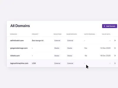 Domain listing / table view, SaaS clean design clean ui design domainhosting minimalism nameserver product design productdesign registrar saas saas app setting settings settings ui ui webdesign