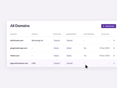 Domain listing / table view, SaaS clean design clean ui design domainhosting minimalism nameserver product design productdesign registrar saas saas app setting settings settings ui ui webdesign