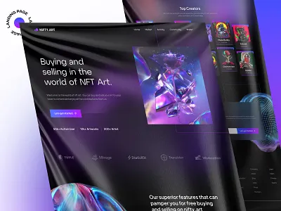NFT Landing Page art blockchain creative crypto art cryptocurrency dark mode dark theme design homepage landing page nft nft landing page nftart ui ui design ui element ux web design web3 website design