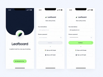 Sign Up Screens: Leafboard - Mobile Task Management Application ios app login mobile mobile app mobile application mobile sign up mobile ui onboarding project management register sign in sign up sign up form sign up page signup task app task management task management app