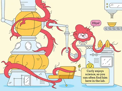 Find a hair brush stat! bowl chair character design chibi curly cute flat hair machines monster orange pipes retro future robot tangled twisted vector