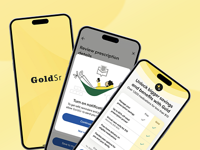 GoldSr Pharmacy App app app design bright color scheme convenience design trends health healthcare home delivery medicine medicine ordering minimalist design mobile interface modern ui online pharmacy pharmacy app pills prescription user interface virtual care yellow color scheme