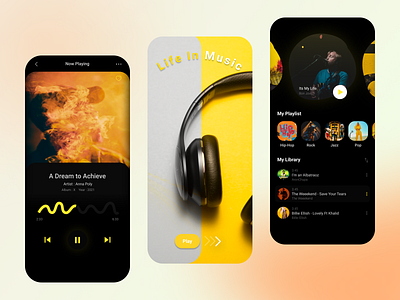 Music App Design UI Concept app appuidesign appuiux dark mode dark ui design designideas designinspiration designtrends illustration library minimal mobile mobile app design music music app newshot playlist