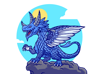 Blue Dragon on Mountain🐉 blue dragon cute dragon eye fantasy fire flying icon illustration legend logo mascot monster mountain stone sun tail wild wings