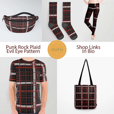 Punk Rock Plaid Evil Eye Pattern checkered checkers evil eye pattern plaid punk repeat rock seamless surface pattern design tartan