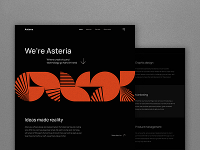 Asteria - Digital Agency - Concept bauhaus black bold challenge contrast daily ui dark theme digital agency geometric shapes landing page minimal modern orange pattern product design software development symbol typography ui web design