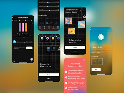 Personality Assessment App app design app inspiration character color palette dark mode data visual design grid layout habit building mobile ui modern design personality app personality assessment self discovery stories traits user experience user interface uxui vibrant color