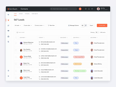 Kirrivan SaaS CRM - Managing leads flow app contact crm customer dashboard deal hrm kanban lead leads management marketing pipeline product design saas saas design sales ui ux web design