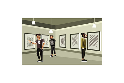 Exhibition visitors at contemporary art gallery cartoon
