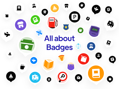 Localy Badges — Map kit × 6 Cities in 10 Styles badges clean coffee colors design gas illustration kit map map kit minimal parking pin pizza police shopping ui university