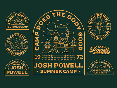 Josh Powell Merch apparel branding camping clothing design geometric illustration lettering line lineart logo merch merchandise minimal monoline mountain outdoor skilline summer camp tree